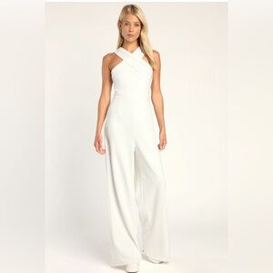 Lulus Criss-Cross Your Mind White Cross-Front Wide-Leg Jumpsuit Size M